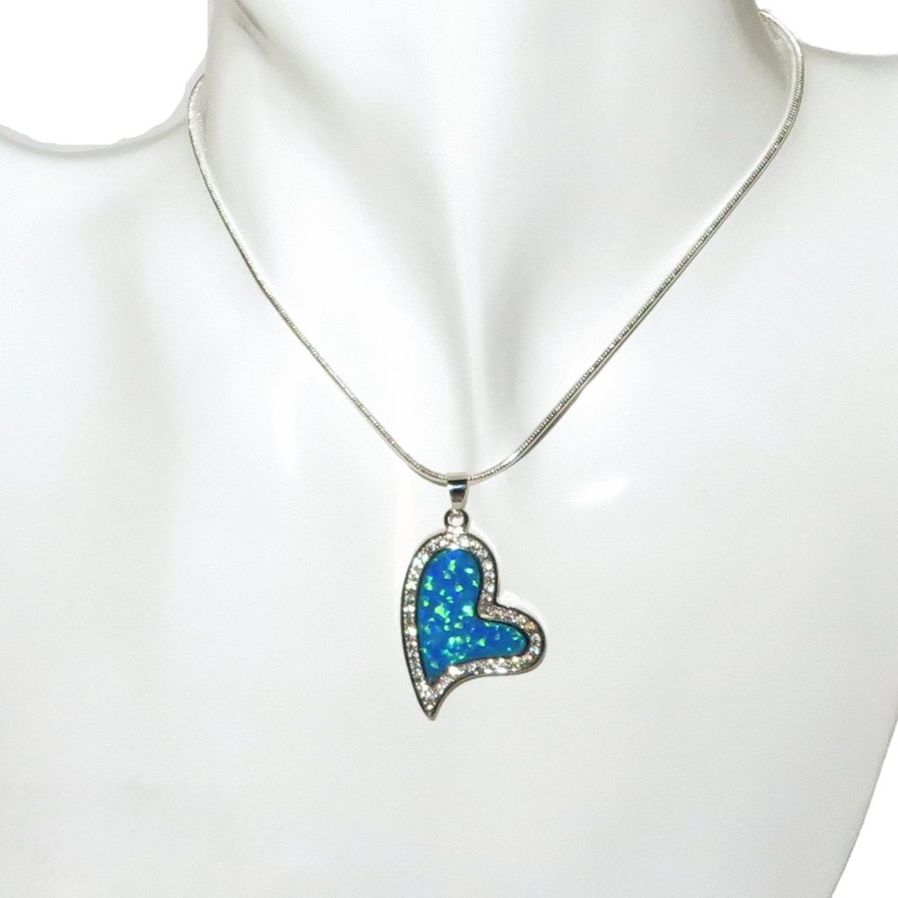 Big Blue Heart Silver Plated Faux Fire Opal & White Topaz Pendant ~ 20" Necklace